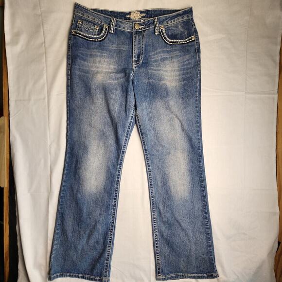 Vintage Y2K Revolt Embellished Faded Hippie Jeans Womens 14 Flare Wide Leg - Picture 1 of 9